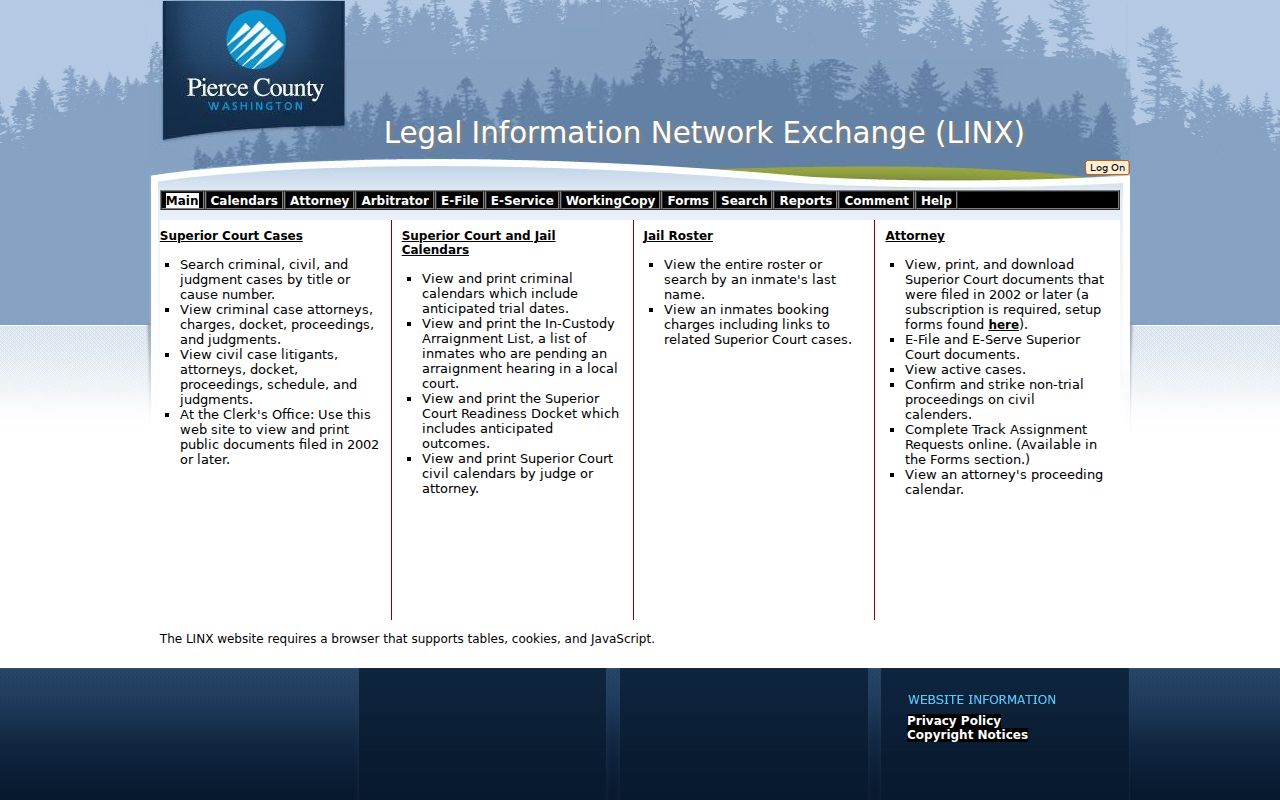 Pierce Superior Court LINX search options used to verify a South Hill name