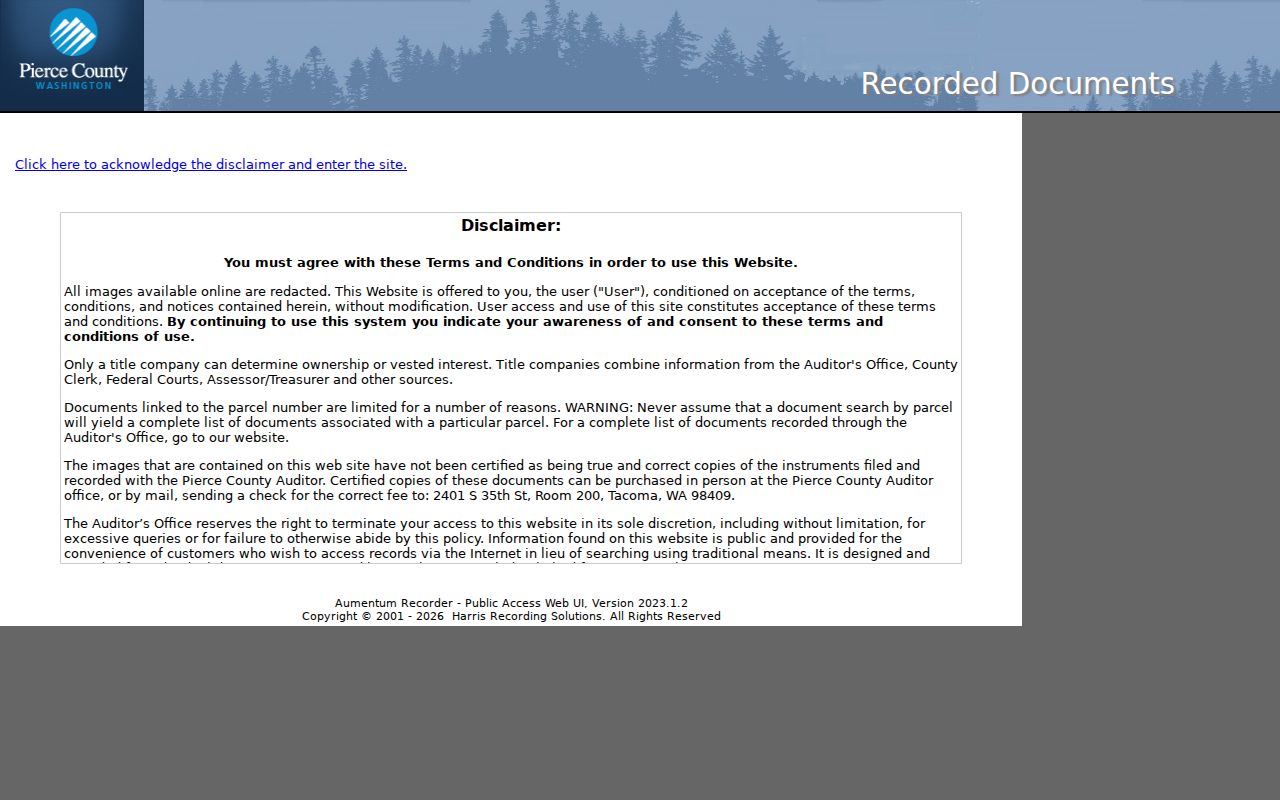 Pierce County Aumentum recorded-document access screen used to trace South Hill previous residents