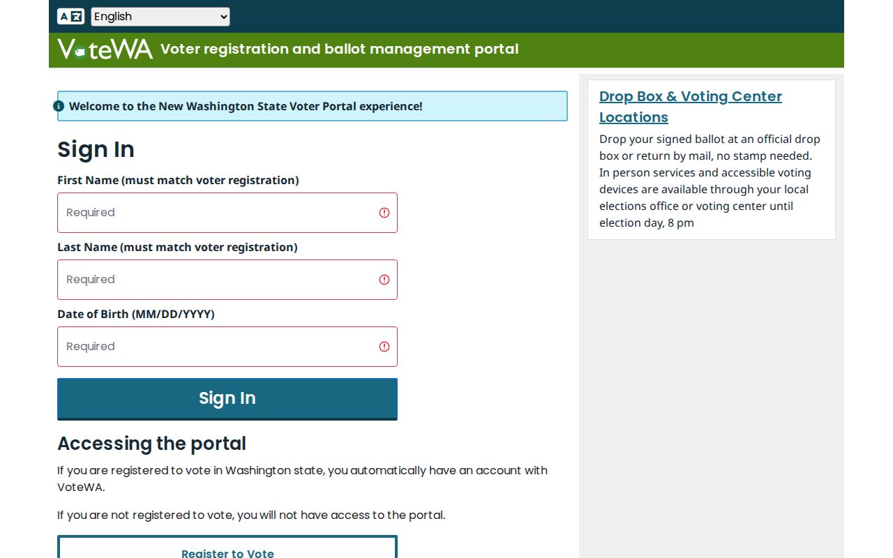 Washington Voter Portal first name, last name, and date of birth sign-in for South Hill voters