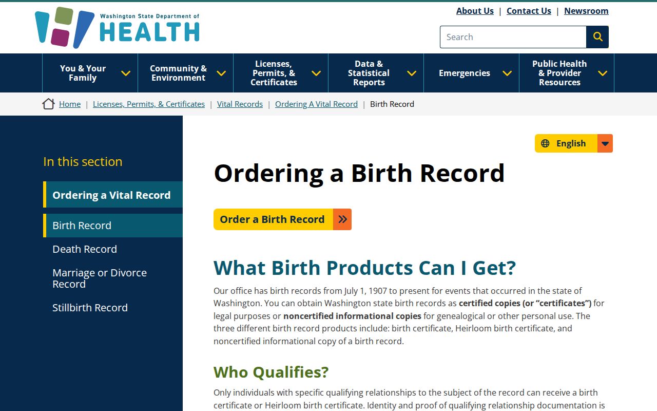 Washington Department of Health birth record ordering and eligibility page for a South Hill event